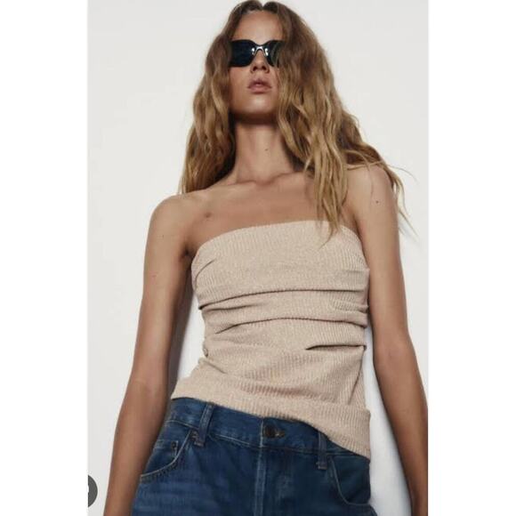 Zara Tops - Zara Gold Bandeau Strapless Knit Top Metallic Pleated Side Tube Top Size L